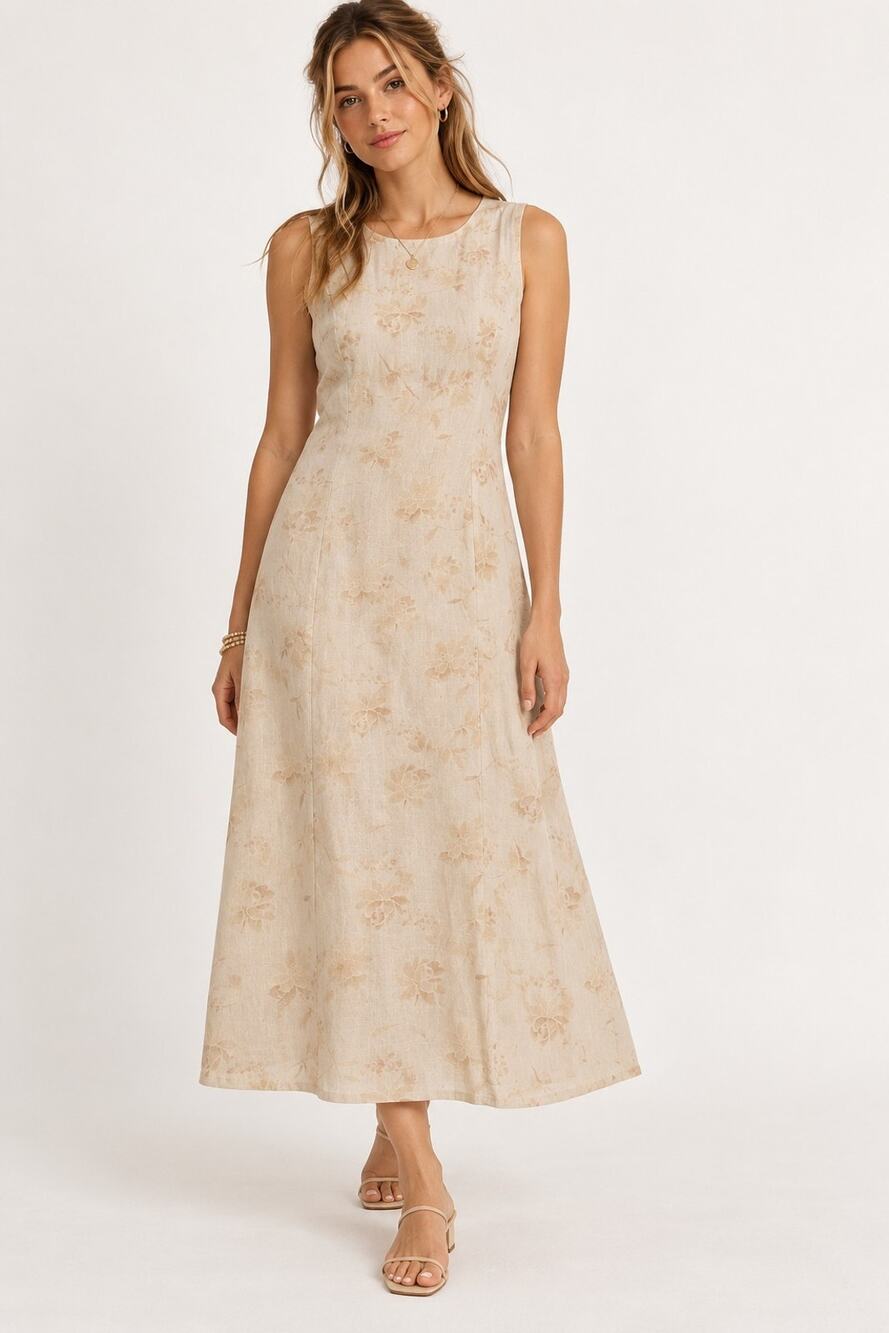 Vintage Y2K Rafaella 100% Linen Floral Maxi Dress Size 14 Cottagecore Neutral
